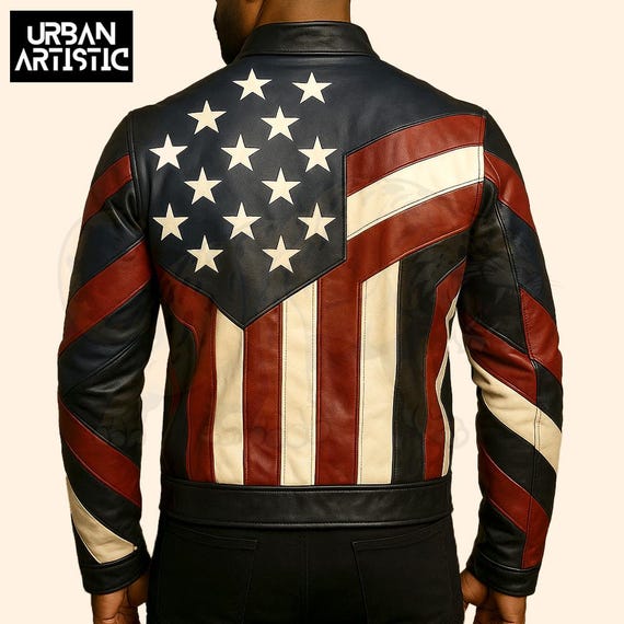 アメリカ国旗刺繍 ブラックレザーライダースジャケット アメリカ国旗レザーバイクジャケット：ステッチ入りUSA愛国バイカー