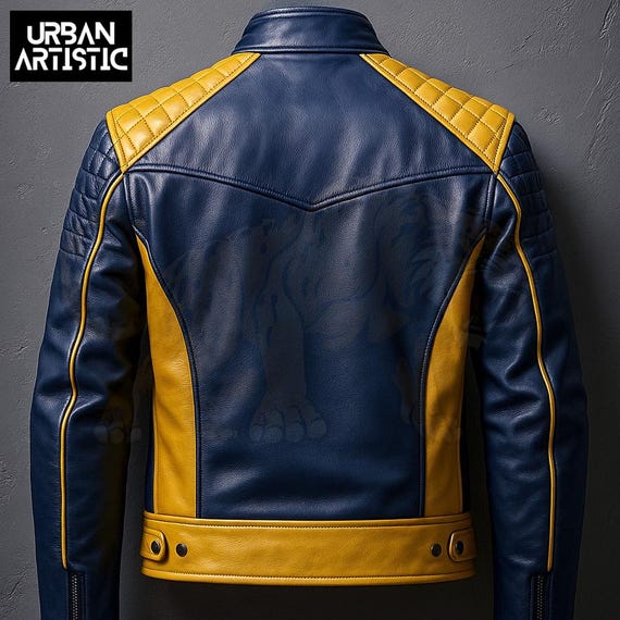 Sheepskin Motorbike Leather Jacket, Yellow Blue Racer Style with Stand Collar, Lightweight & Elegant, Gift for Men