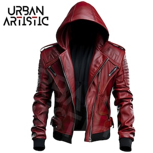 Men Leather Jacket Red Genuine Sheepskin Hooded Biker Outfit Classy Casual Moto Biker Quilted Sleeves Warm Belted