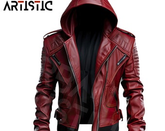 Men Leather Jacket Red Genuine Sheepskin Hooded Biker Outfit Classy Casual Moto Biker Quilted Sleeves Warm Belted