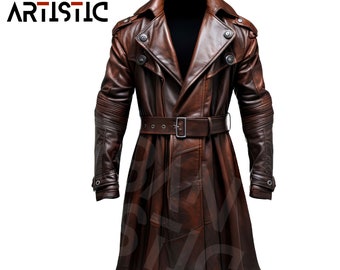 Leather Long Coat Men Distressed Brown Genuine Sheepskin Notched Lapel Collar Crossover Outerwear Belted Retro Vintage Leather Trench Coat