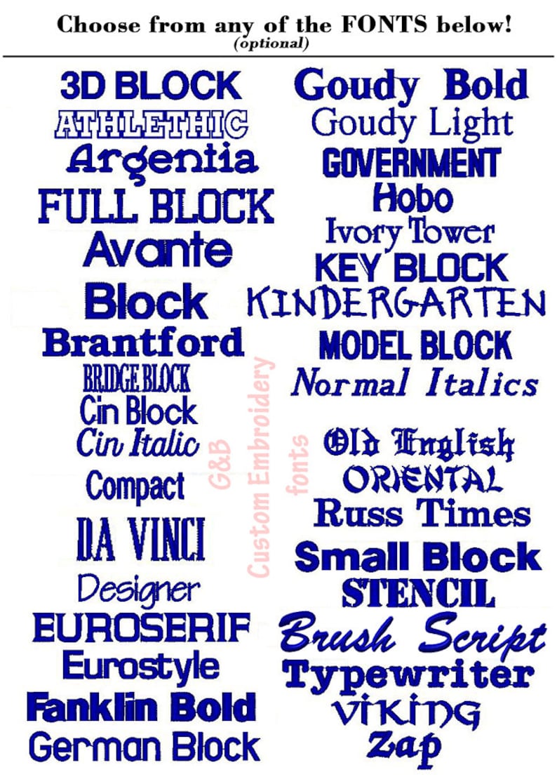 Może przedstawiać: Grafika prezentująca r&oacute;żne style czcionek w kolorze niebieskim, w tym "3D BLOCK", "Goudy Bold" i "Brush Script". Tekst "Choose from any of the FONTS below!" znajduje się na g&oacute;rze, z "(optional)" poniżej.