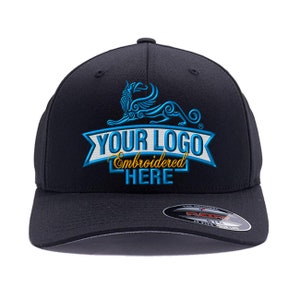 Custom Logo Embroidered 6277 and 6477 Flexfit hats. Upload your own logo.