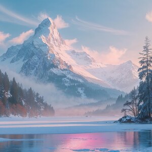 May include: A snowy mountain peak rises above a frozen lake, with two tall evergreen trees on a small island in the foreground. The sky is a soft blue with pink clouds.