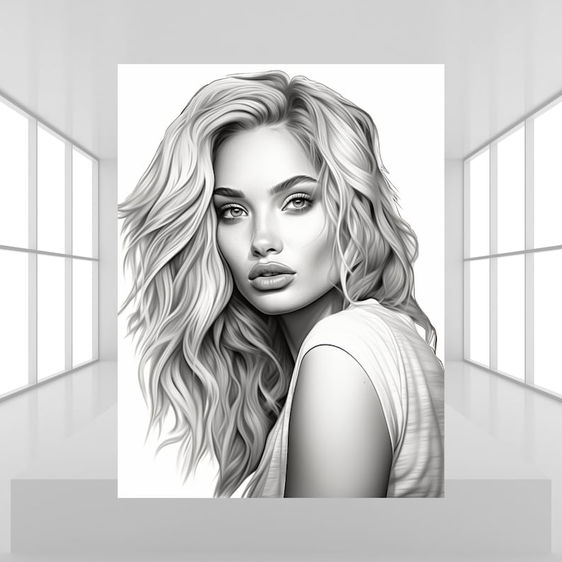 May include: Black and white illustration of a woman with long, wavy hair. She is looking to the side and has a serious expression on her face. She is wearing a simple, sleeveless shirt.