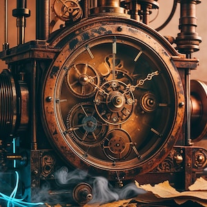 May include: A vintage-style clock with intricate gears and a copper finish. The clock is surrounded by smoke and appears to be powered by steam.