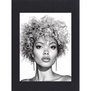 May include: Black and white drawing of a woman with curly hair and long earrings. The woman is looking directly at the viewer.