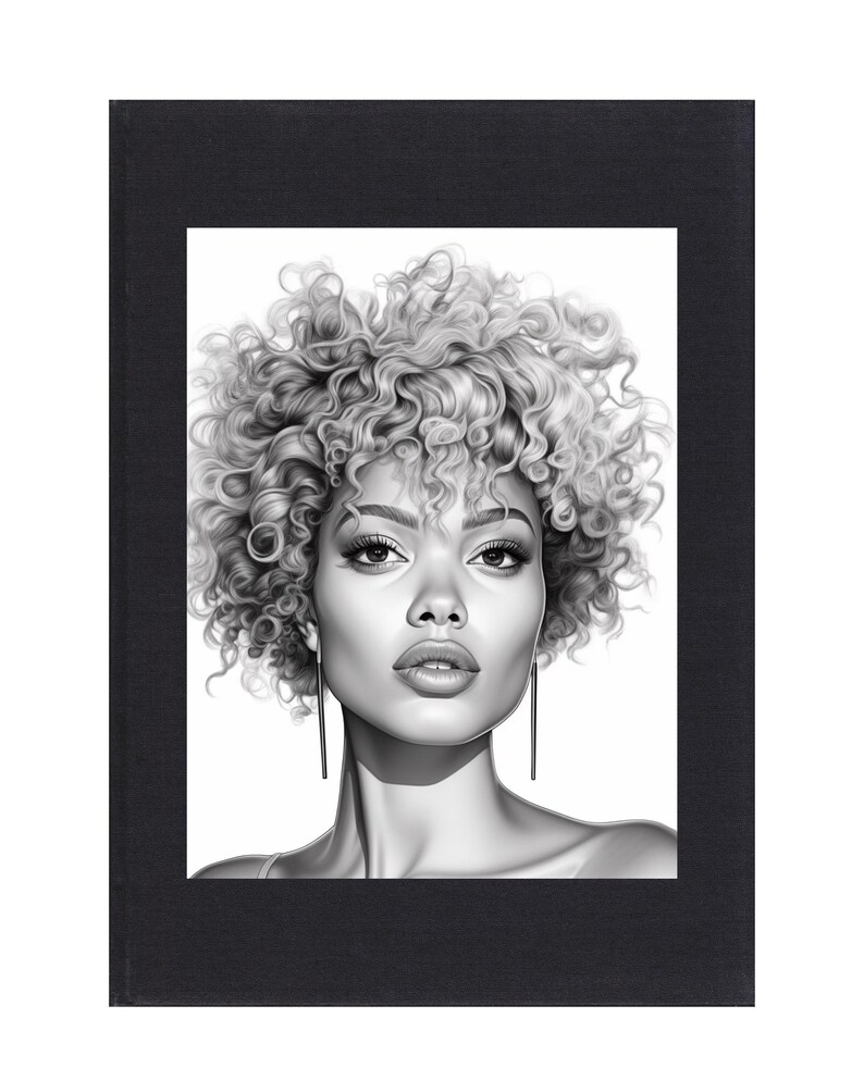 May include: Black and white drawing of a woman with curly hair and long earrings. The woman is looking directly at the viewer.