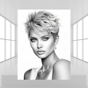 May include: Black and white illustration of a woman with short, choppy hair. She is wearing a white tank top and has a diamond earring in her right ear.