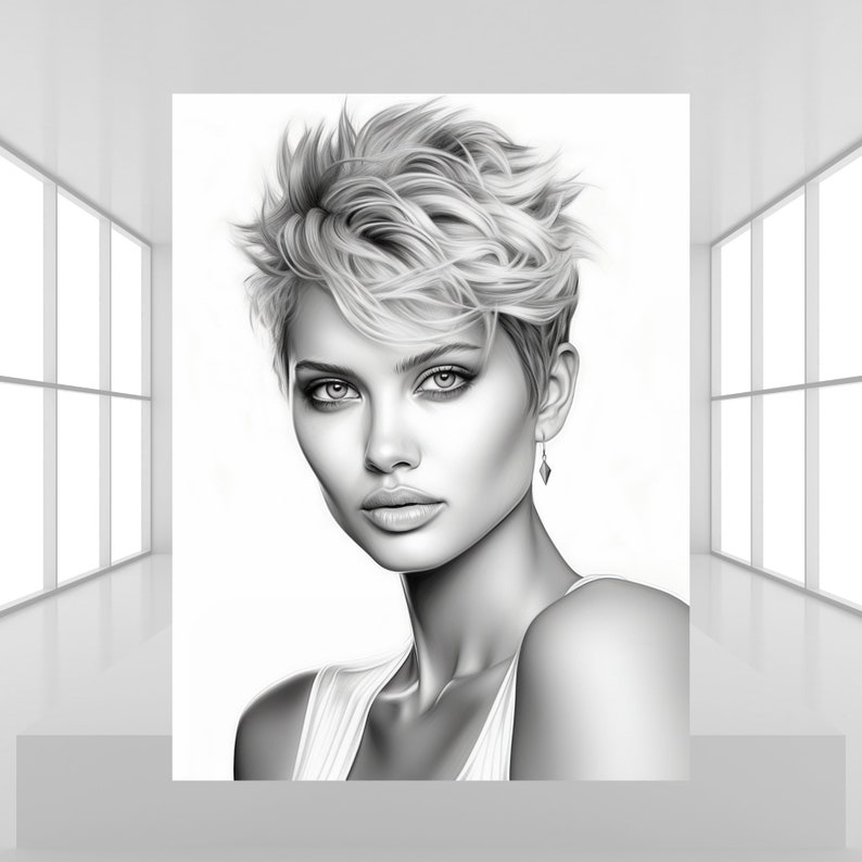 May include: Black and white illustration of a woman with short, choppy hair. She is wearing a white tank top and has a diamond earring in her right ear.