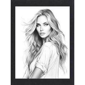 May include: Black and white drawing of a woman with long, wavy hair. She is wearing a simple t-shirt and looking off to the side.