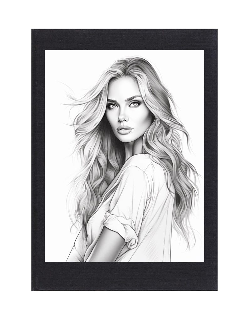 May include: Black and white drawing of a woman with long, wavy hair. She is wearing a simple t-shirt and looking off to the side.