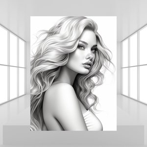 May include: Black and white illustration of a woman with long, flowing hair. She is looking to the side with a soft expression on her face.