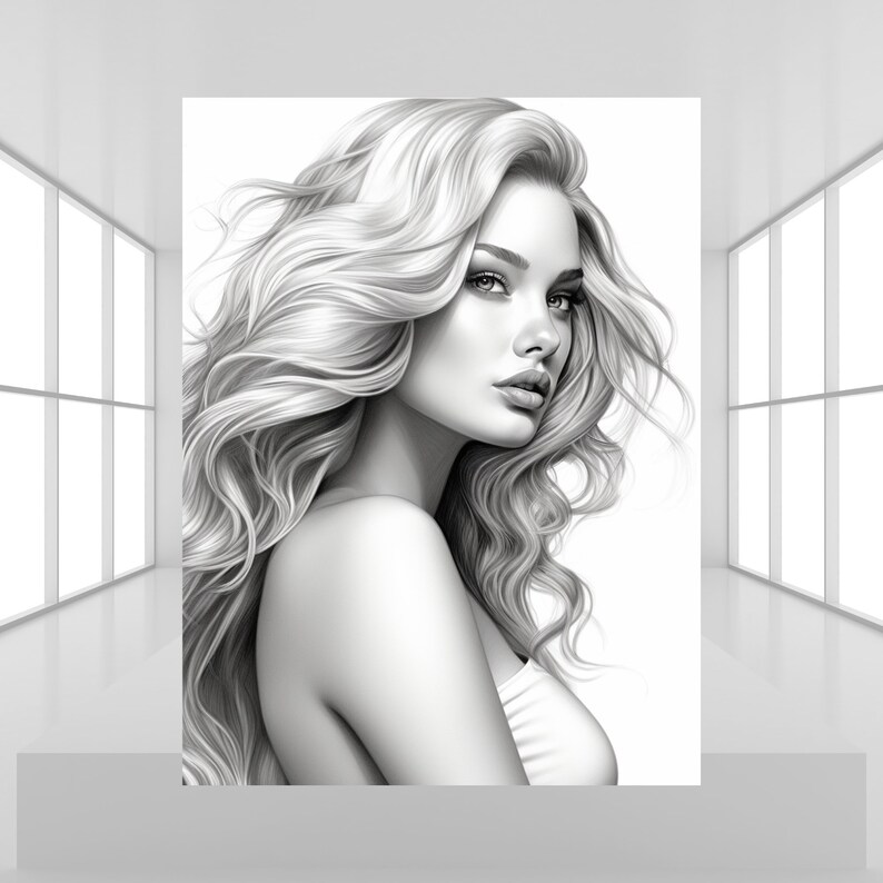 May include: Black and white illustration of a woman with long, flowing hair. She is looking to the side with a soft expression on her face.