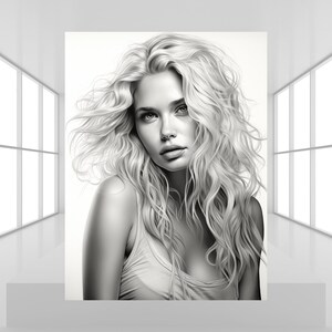 May include: Black and white portrait of a woman with long, wavy blonde hair. She is wearing a simple tank top and looking off to the side.