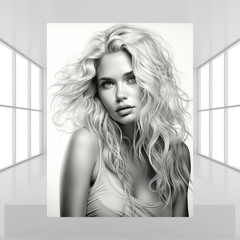 May include: Black and white portrait of a woman with long, wavy blonde hair. She is wearing a simple tank top and looking off to the side.