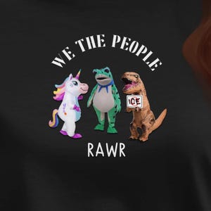 May include: Black t-shirt featuring a graphic of a unicorn, frog, and dinosaur with the text "WE THE PEOPLE RAWR". The unicorn is white and purple, the frog is green, and the dinosaur is brown.