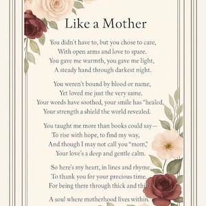 Wie eine Mutter Muttertagsgedicht Schrittmutter Nahe Mutterfigur Tante Frau, die Sie spezieller Geburtstag lieben Digitaler Download JPEG und PDF