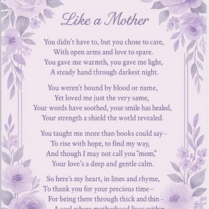 Comme une mère, poème violet belle-mère près de la mère, figure de la tante, de la femme que vous aimez, anniversaire spécial, téléchargement numérique JPEG et PDF