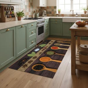 Gewürzlöffel Küchenteppich - Bunte Küchenkräuter Bodenmatte für Köche, Rustikaler Küchenläufer, Rutschfester Modern Foodie Decor Teppich