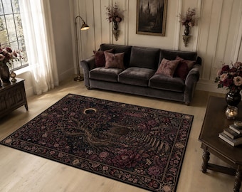 Tapete Gótico com Árvores, Tapete Eclipse Jardim Secreto, Tapete Botânico Floral Escuro, Tapete Caminho ao Luar para Sala de Estar, Decoração Romântica e Bruxa para Casa
