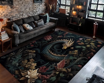 Drachen Teppich für Goth Raum, Dark Academia Magischer Drachen Teppich, Cottegore Wohnkultur, Gothic Teppich für Hexenzimmer, Fairycore Teppich,
