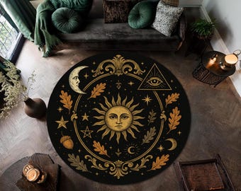Tapete redondo celestial preto – Tapete olho de sol e lua – Tapete circular de astrologia oculta – Decoração gótica de bruxaria para vibrações cósmicas em casa