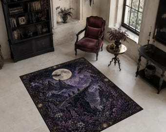 Tapete Gótico com Montanhas, Tapete Floresta ao Luar, Tapete com Paisagem Roxa, Tapete Celestial Bruxo para Sala de Estar, Decoração Fantástica com Tema da Natureza Sombria