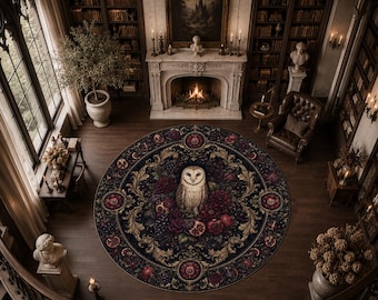 Tapete redondo gótico com coruja, tapete circular floral de romã, tapete escuro com pássaros botânicos, tapete ornamentado em tom bordô, decoração romântica e mística para casa.