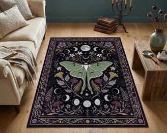 Tapete Luna Moth, Tapete com Fases da Lua, Decoração Gótica Celestial, Tapete Botânico Bruxo, Tapete para Quarto Estilo Academia Sombria