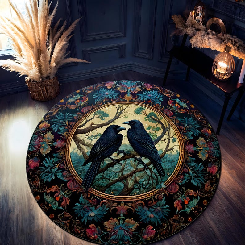 Raven Round Rug for Goth Room, Dark Academia Crow Rug, Cottegore Home ...