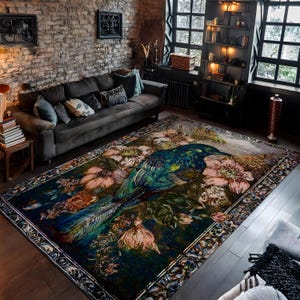 Vintage Bird Rug, Floral Area Rug, Flower Rug, Botanic Design Decor for Living Room, Antique Decor, Cozy Room Rug