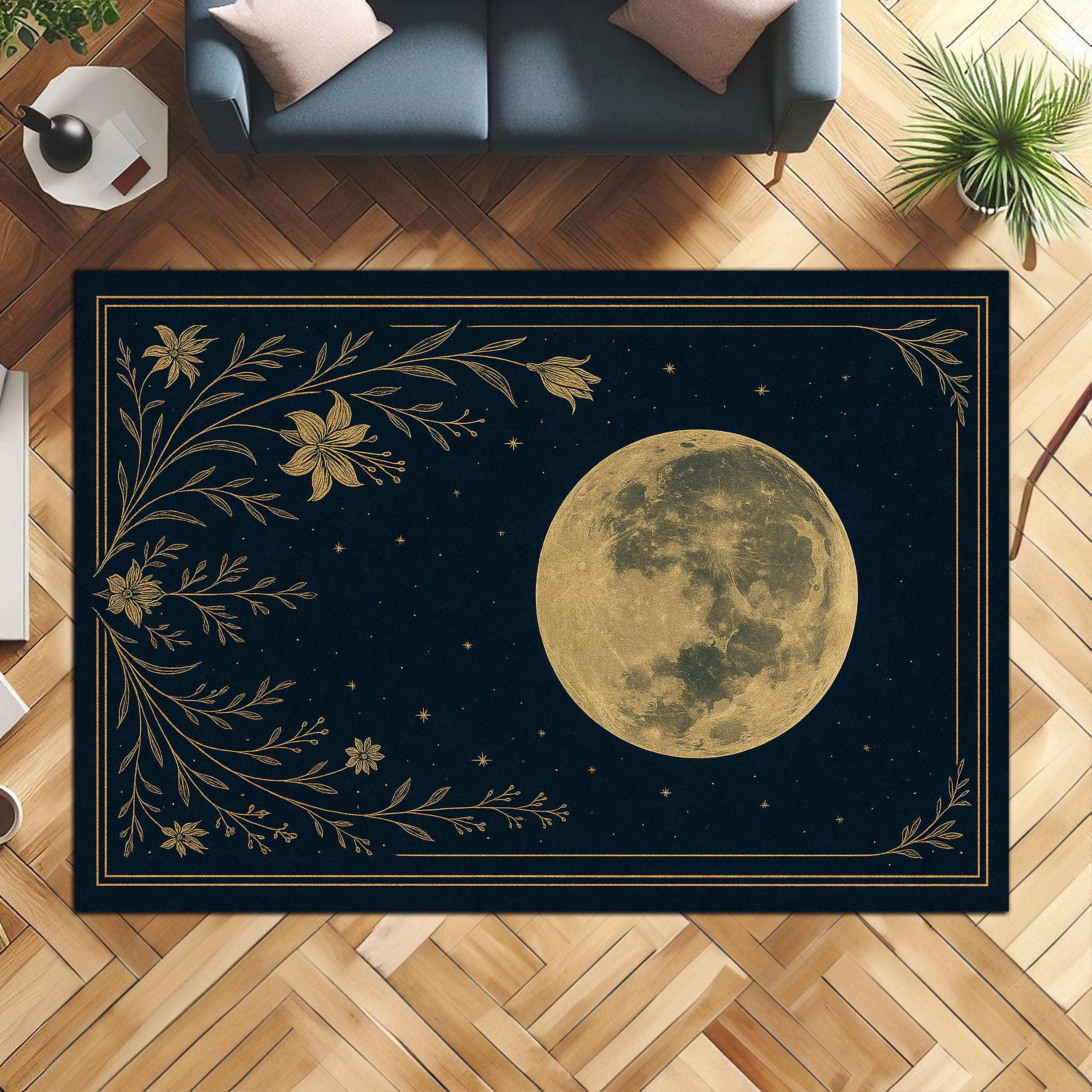 Moon Face Rug Moon Phase Rug With Golden Floral Celestial Design – Mystical Night Sky ...