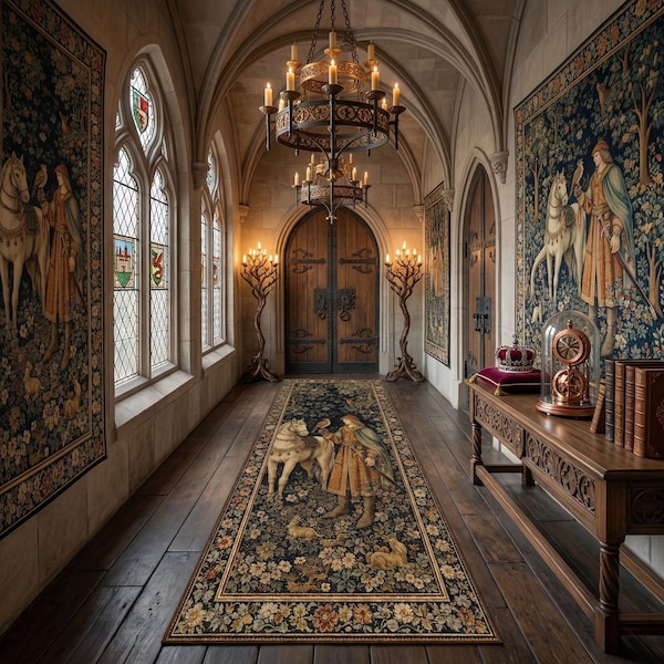Medieval Tapestry Runner Rug with Knight, Horse and Forest Animals, Vintage European Storybook Hallway Carpet