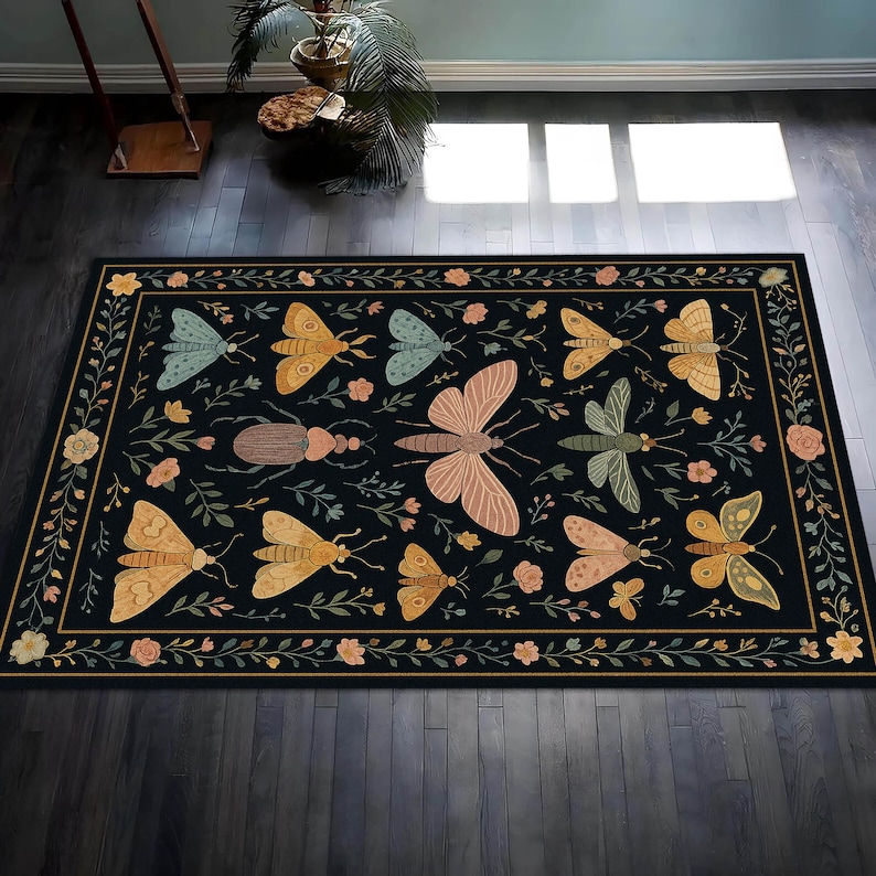 Modern Black Insect Rug Botanical Insect Rug With Colorful Moths and Beetles, Vintage ...