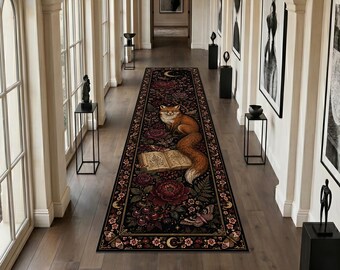 Tapete passante com raposa gótica, tapete botânico floral escuro, tapete para corredor com lua e livro, decoração de casa de campo na floresta, passadeira bruxa bordô