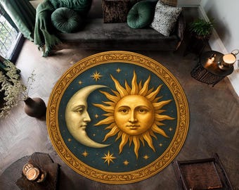Tapete redondo de sol e lua – Tapete com rosto celestial – Tapete circular com céu estrelado antigo – Decoração astrológica boho para interiores místicos
