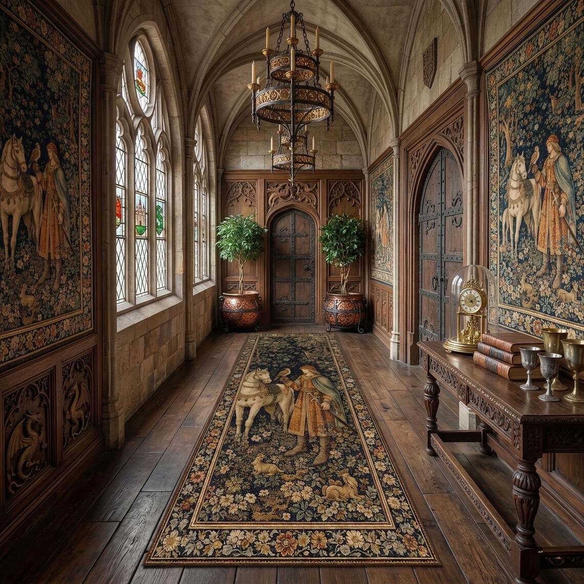 Medieval Tapestry Runner Rug With Knight, Horse and Forest Animals ...