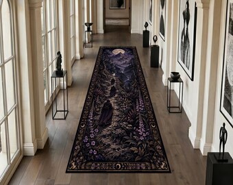 Tapete corredor com estampa de montanha gótica, tapete para corredor com floresta iluminada pela lua, tapete com paisagem roxa escura, decoração com temática de bruxaria e natureza, tapete corredor celestial.