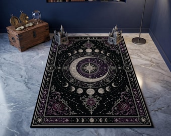 Tapete com Fases da Lua Celestial, Tapete Decorativo de Astrologia, Tapete Gótico com Lua, Decoração de Quarto com Tema de Bruxaria, Acessório Místico para Casa