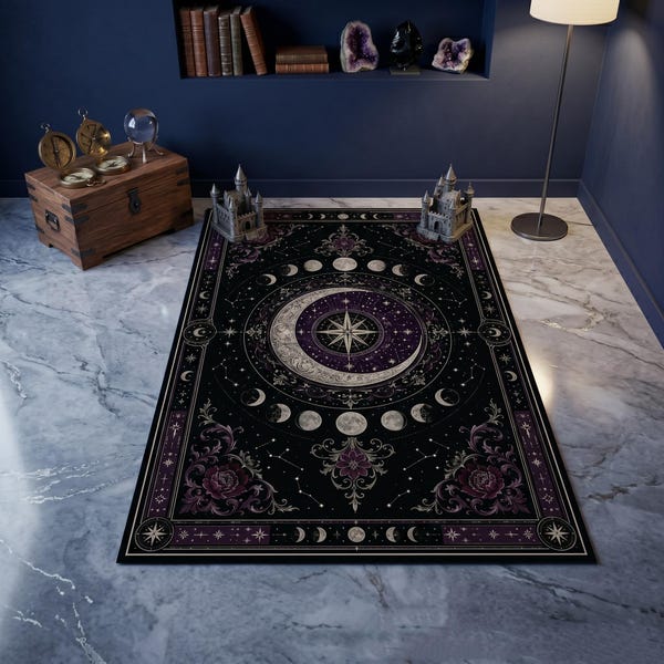 Celestial Moon Phase Area Rug, Astrology Decor Carpet, Gothic Moon Rug, Witchy Bedroom Decor, Mystic Home Accent