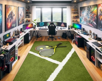 Tennismatta, present till tennisspelare, grön matta, temamatta, tecknad matta, lekrumsmatta, konstmatta, barnmatta, tennisdekor, sportmatta, tennismatta