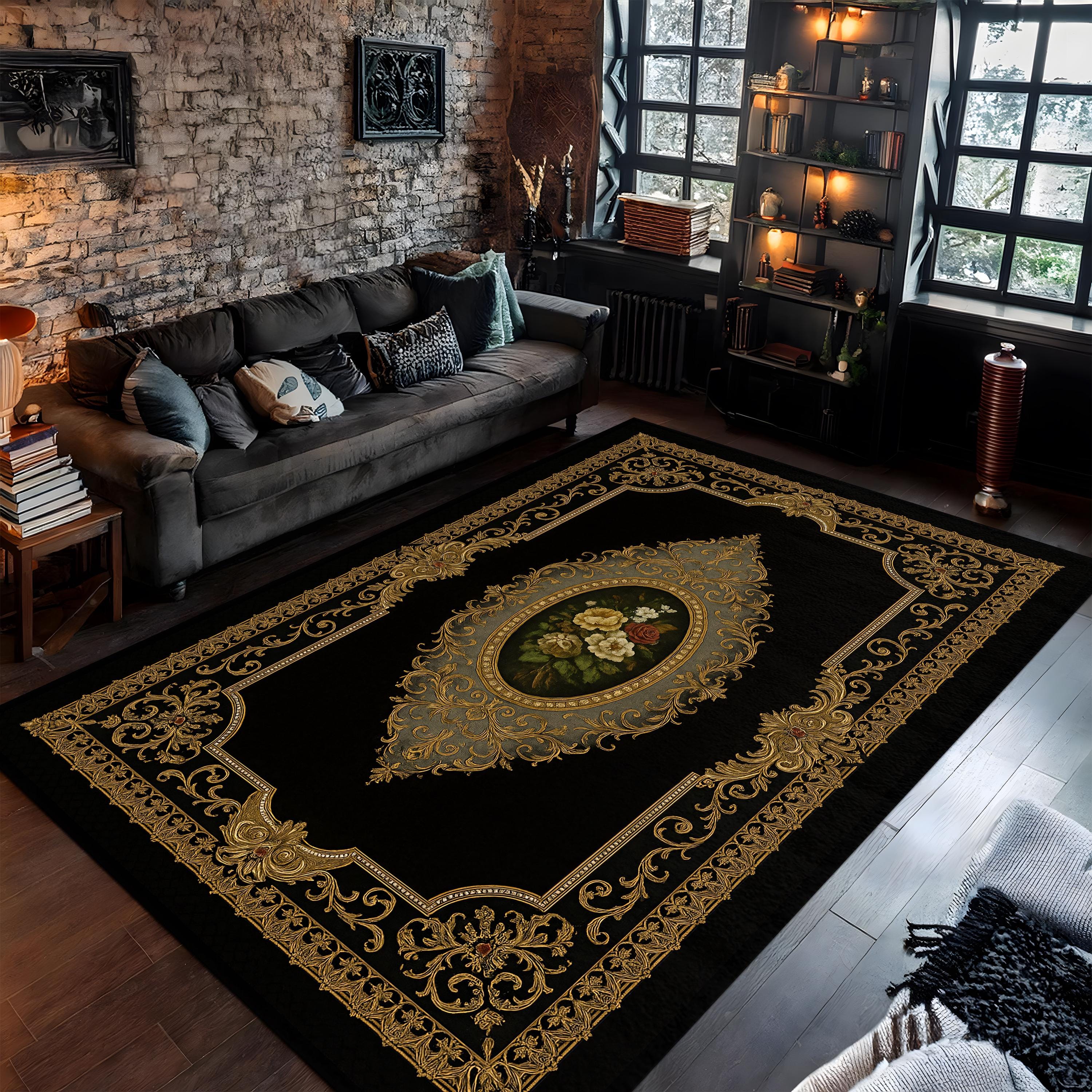 Luxury Black Gold Baroque Area Rug With Floral Medallion, Elegant ...