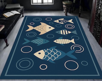 Playful Fish Rug – Nautical Ocean Carpet with Minimal Fish Pattern, Coastal Marine Home Decor Accent