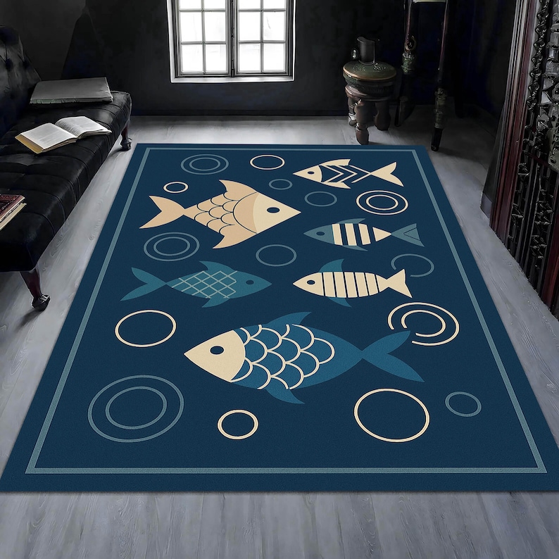Playful Fish Rug – Nautical Ocean Carpet With Minimal Fish Pattern ...
