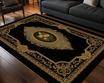 Tapete luxuoso barroco preto dourado com medalhão floral, elegante tapete oriental vintage para decoração de sala de estar e quarto