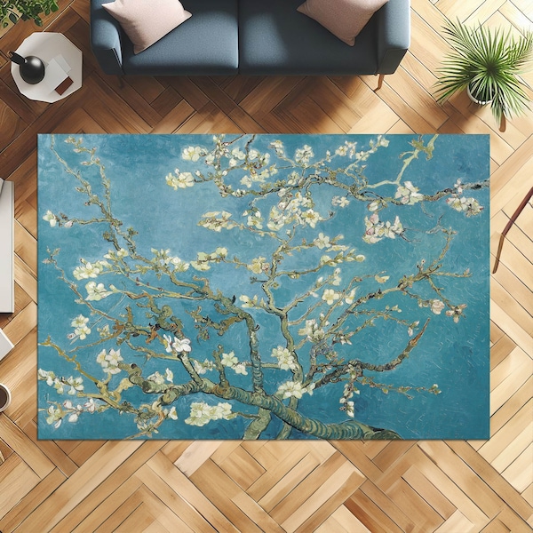 Vincent Van Gogh, tapis en fleurs d'amandier, tapis célèbre, tapis à fleurs, tapis bleu