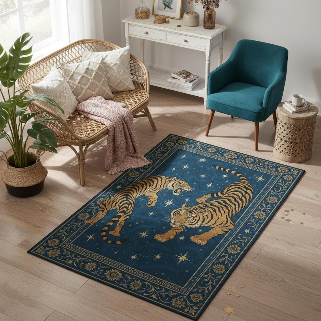 Astrological Rug Celestial Tiger Rug – Mystical Blue Astrology Inspired Carpet With ...