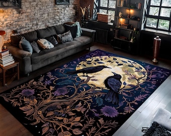 Raven Rug For Goth Room, Floral Raven Rug, Dark Academia Crow Rug, Cottagecore Home Decor, Gothic Rug For Witchy Room, Moonlit Decor Rug