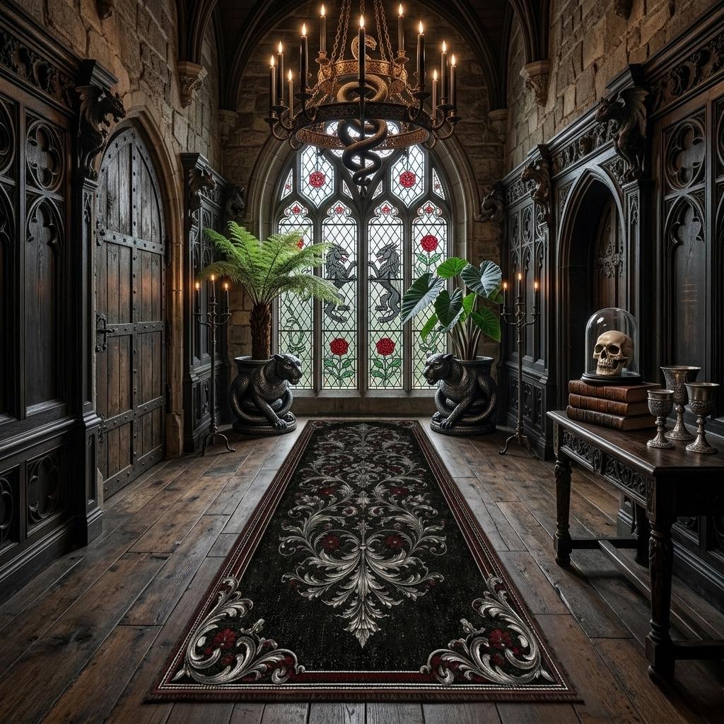 Gothic Baroque Floral Runner Rug With Ornate Silver Scroll Pattern and ...